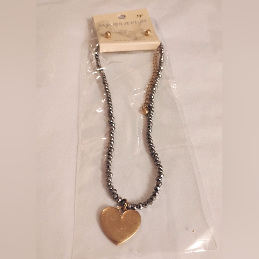 Heart Pendant Hematite Bead Necklace - Gold Heart With Gold Earrings